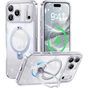 CASEKOO Clear Pearlescent Shimmer 360 Spin Magnetic Stand for iPhone 17 Pro Max Case for Women, Fit for MagSafe, 17FT Drop Protection, Chic Design for 17 Pro Max Case with Stand, Sparkle Clear
