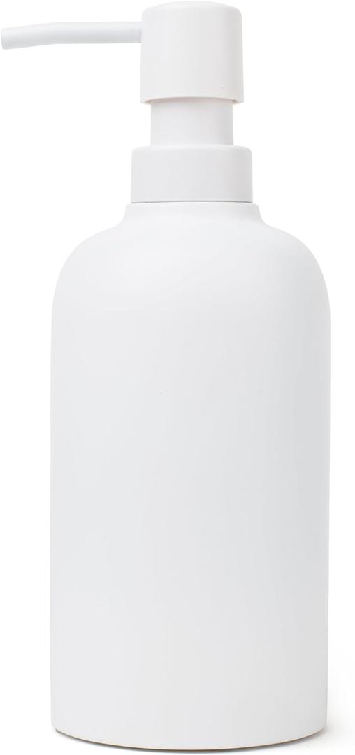 Matte White Round Soap Dispenser for Kitchen & Bathroom 15 oz Refillable Resin Pump Bottle for Dish Soap, Hand Soap, Shampoo, Conditioner Modern Countertop Dispenser with Non-Slip Protective Pads