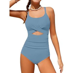 TyeSmo Girl Swimsuit One Piece Cutout Ruched Bathing Suit for Girls Color Block Adjustable Straps Pad Swimwear 9-18y
