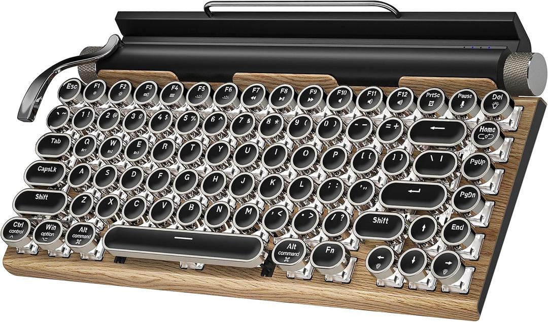 Retro Typewriter Wireless Mechanical Gaming Keyboard, Bluetooth 5.0 Office Computer Vintage Keyboards 83-Key Blue Switches Punk Round Keycap, LED Backlight, Compatible with PC/Laptop/Pad/Phone, Wood
