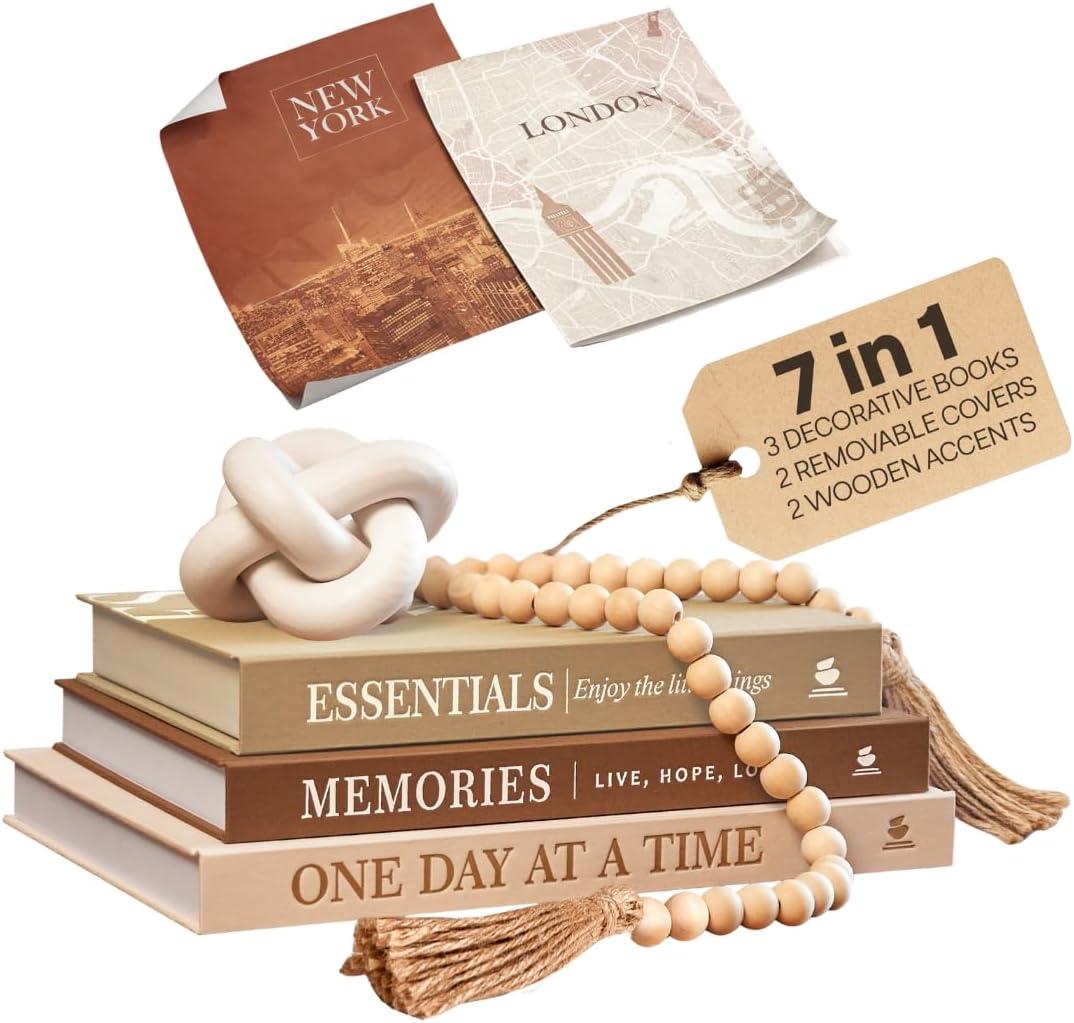 JULZEN Linen Decorative Books for Home Decor  Aesthetic Set of 3 Beige Fake Books for Coffee Table Decor with Faux Book Box Storage, Wood Knot & Bead Garland  Neutral Living Room Decoration