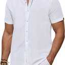 DEMEANOR Linen Shirts for Men Short Sleeve Button Down Shirts Summer Beach Casual Linen Button Up Shirt Vacation Wedding (Large, All White)