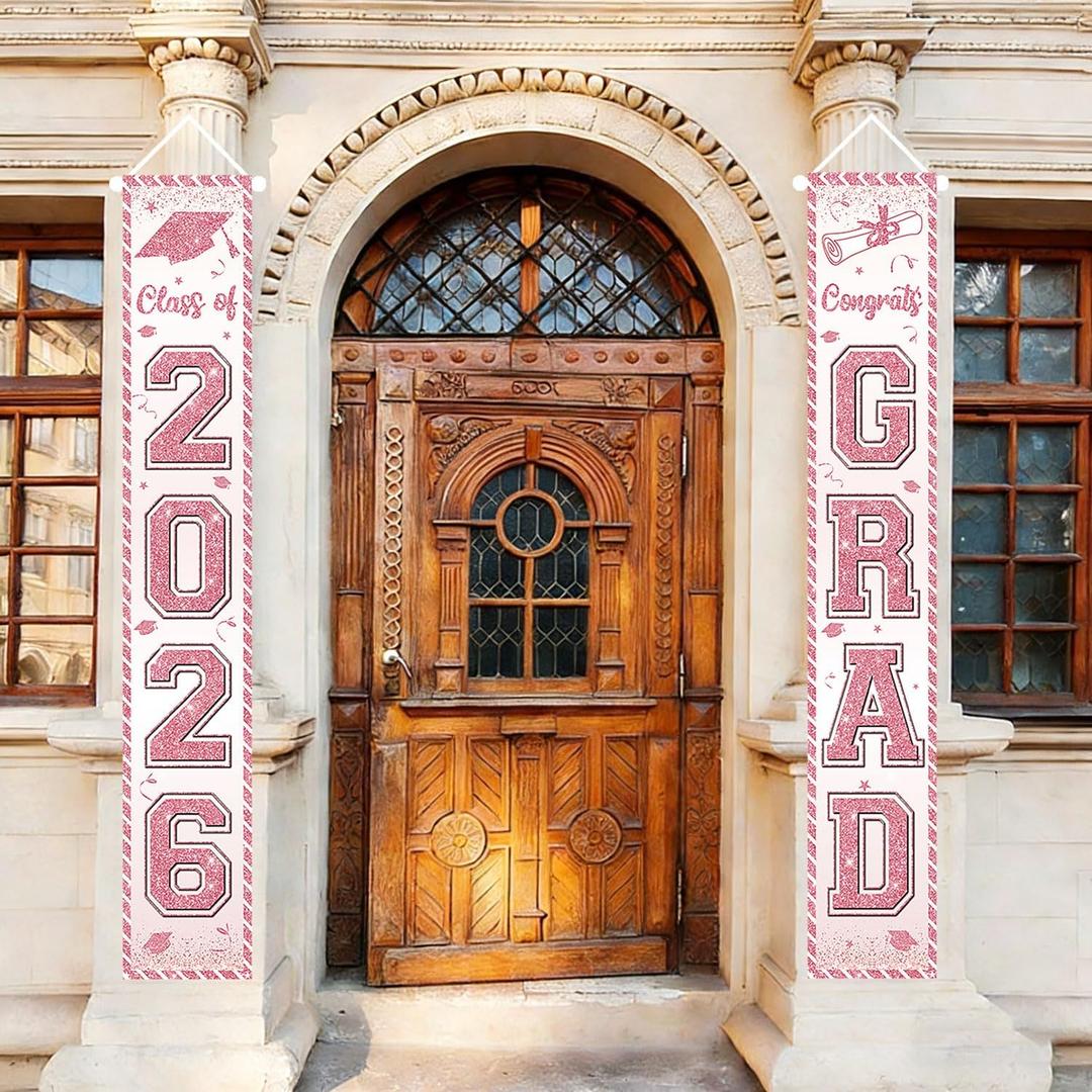 2 x Class of 2026 Graduation Door Banner, Pink Glitter Congrats Gard Class of 2026 banner for 2026 Graduation Party Decorations High School College Graduation Party Supplies Indoor Outdoor