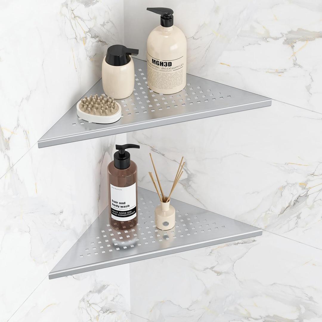 Qeke Corner Shower Shelves, 10 Recessed Tile Shower Shelf Brushed Nickel, 304 Stainless Steel Grout in Corner Tile Bathroom Shelves, No Drilling, 2 Pack