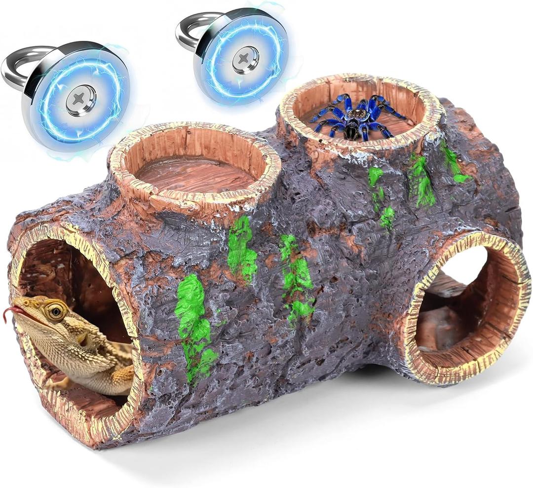 Magnetic Reptile Hideout Cave with Feeding Dish, Resin Hollow Log Habitat Decor for Bearded Dragons, Geckos, Lizards & Snakes - Durable Multi-Functional Tank Accessories (Medium, Grey)
