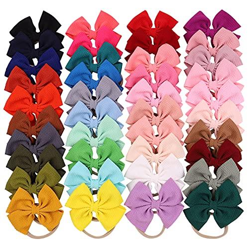40pcs Baby Girls Hair Bows Headband Nylon Hair Band Elastic Hair Accessories for Kids Infants Toddlers (1- 40PCS Waffle headband)