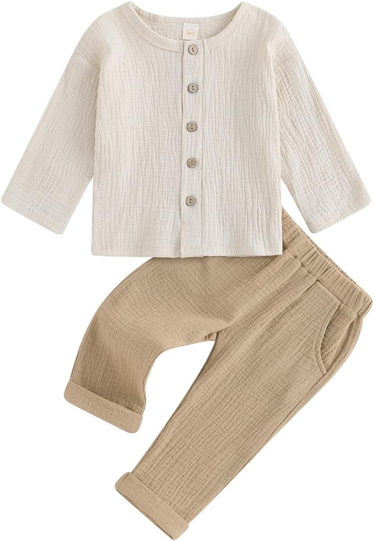 VISGOGO Toddler Boy Linen Outfit Baby Boy Fall Winter Clothes Set Button-Down Shirt Tops Cotton Linen Pants 2PCS (18-24 Months)