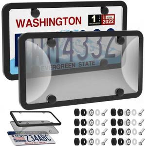 2 Pack License Plate Protector & Frame Combo, Clear Plastic Car Front/Rear Covers with Screws Caps, Car Exterior Accessories Black Universal License Plate Frame Holder for Women Men