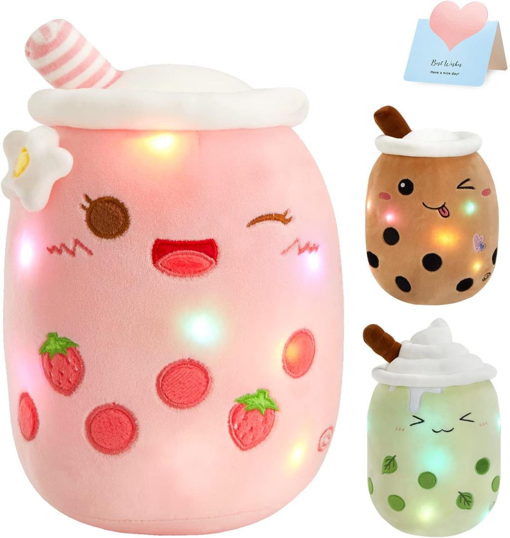 Athoinsu Light Up Strawberry Milky Tea Plush Pillow 15'' Kawaii Stuffed Bubble Animal Toy with LED Lights Birthday Christmas Holiday Valentines Gifts for Kids,Girls,Boys (Medium, Pink)