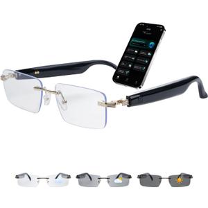 AI Smart Glasses for Men & Women，Spring-hinged Bluetooth 6.0 Smart Glasses with 164 Languages (Real-Time Translation), Photochromic Lens，Free App，Rimless AI Translator Glasses for Work/Travel (Black