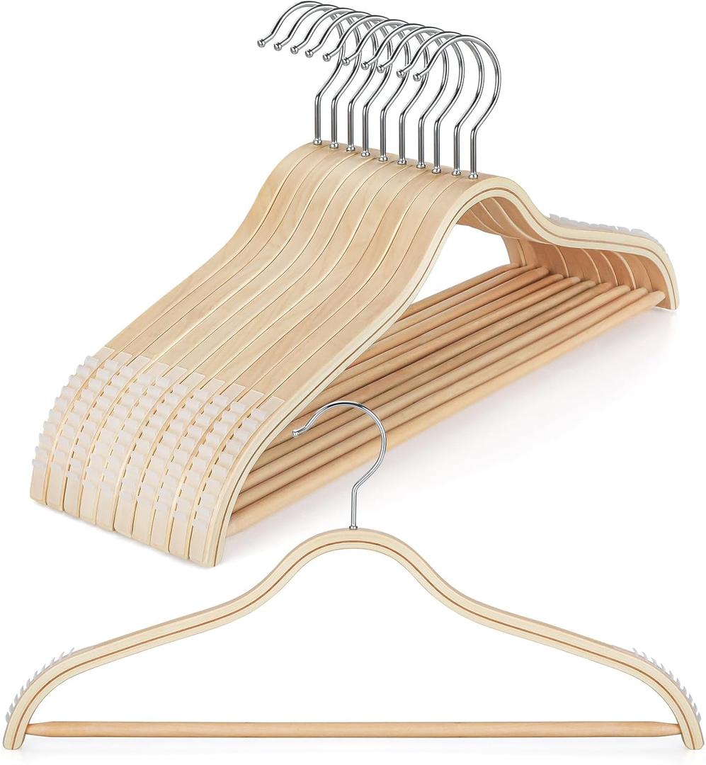 TOPIA HANGER Sleek Wooden Hangers with Non-Slip Rubber Grips, Sweater Hangers No Shoulder Bump, Lightweight Clothes Hangers 10-Pack, 360 Swivel Hook and Pants Bar-CT63N