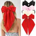 Velscrun Black Beige Pink Red Hair Bows for Women Girls, Silky Satin Large Coquette Bow, Oversized Hair Ribbons 4Pcs Big Bows Clip Long Tail Bowknot Hair Barrettes Christmas Bow Accessories