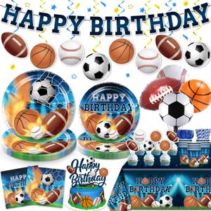 186Pcs Sports Birthday Party Decorations- Amp Up Your Sports Themed Party for 25 Guests. Includes Banner, Plates, Tablecloth, Cupcake Toppers and Aluminum Balloons for Boy Birthday Party Decorations