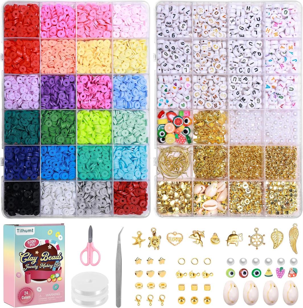 Tilhumt Clay Beads Bracelet Making Kit for Adults, 6700 Pcs 24 Colors Preppy Flat Polymer Clay Beads for Friendship Jewelry Making Polymer Heishi Bead with Charms Kit, Gifts for Art and Craft Lovers