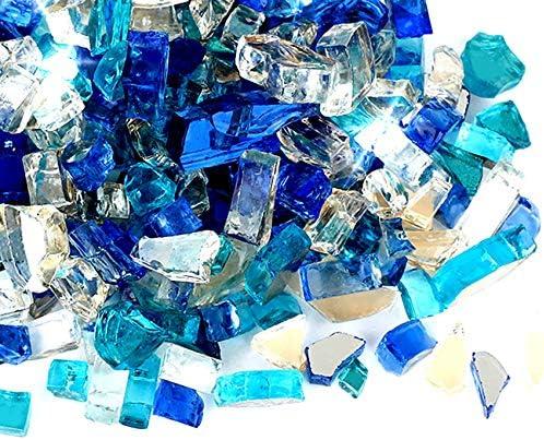 Skyflame 10-Pound Blended Fire Glass for Fire Pit Fireplace Landscaping, 1/2 inch Aqua Blue, Platinum, Cobalt Blue, Reflective