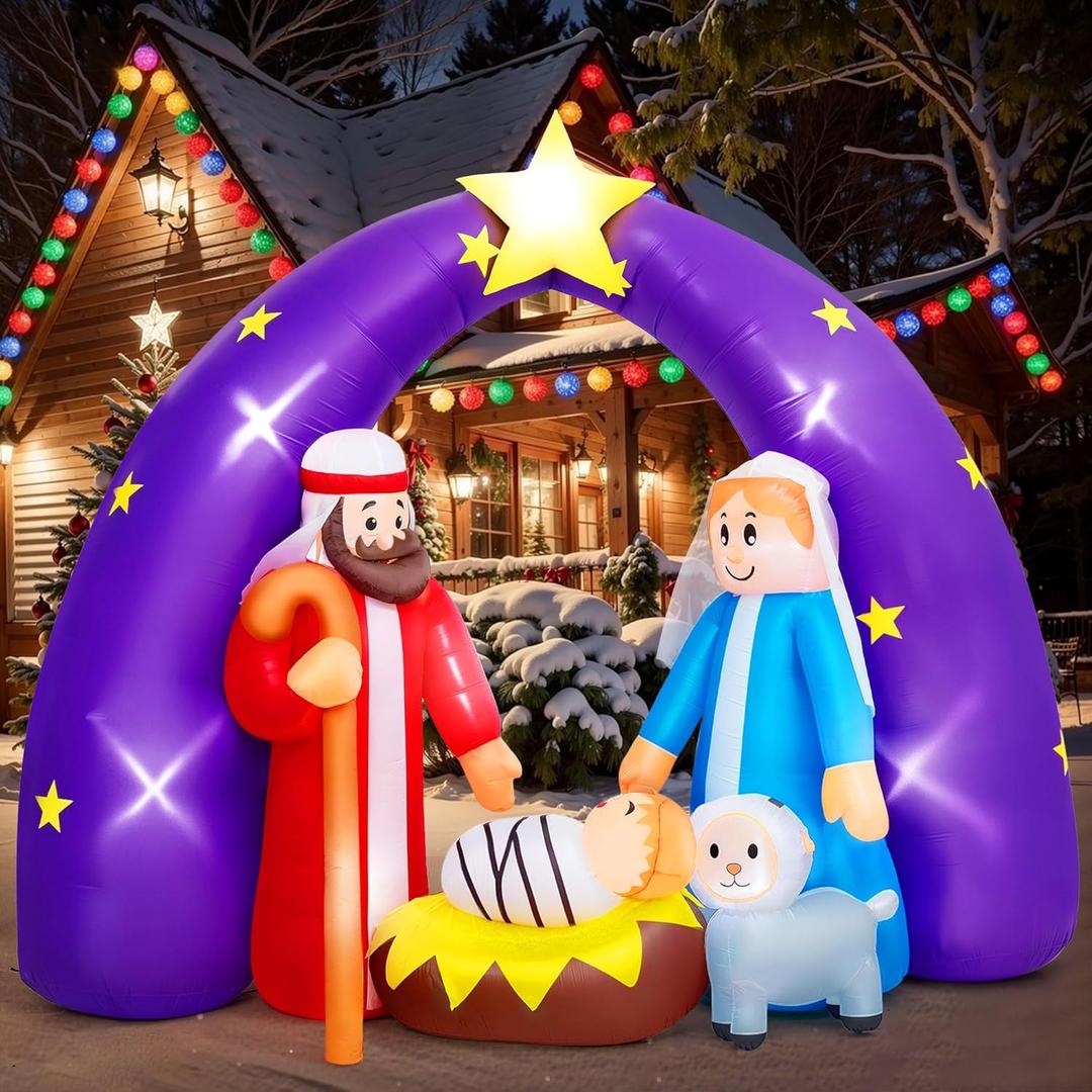 8FT FUN LITTLE TOYS 2025 Nativity Scene Christmas Inflatable with LED Lights for Outdoor Yard Decoration