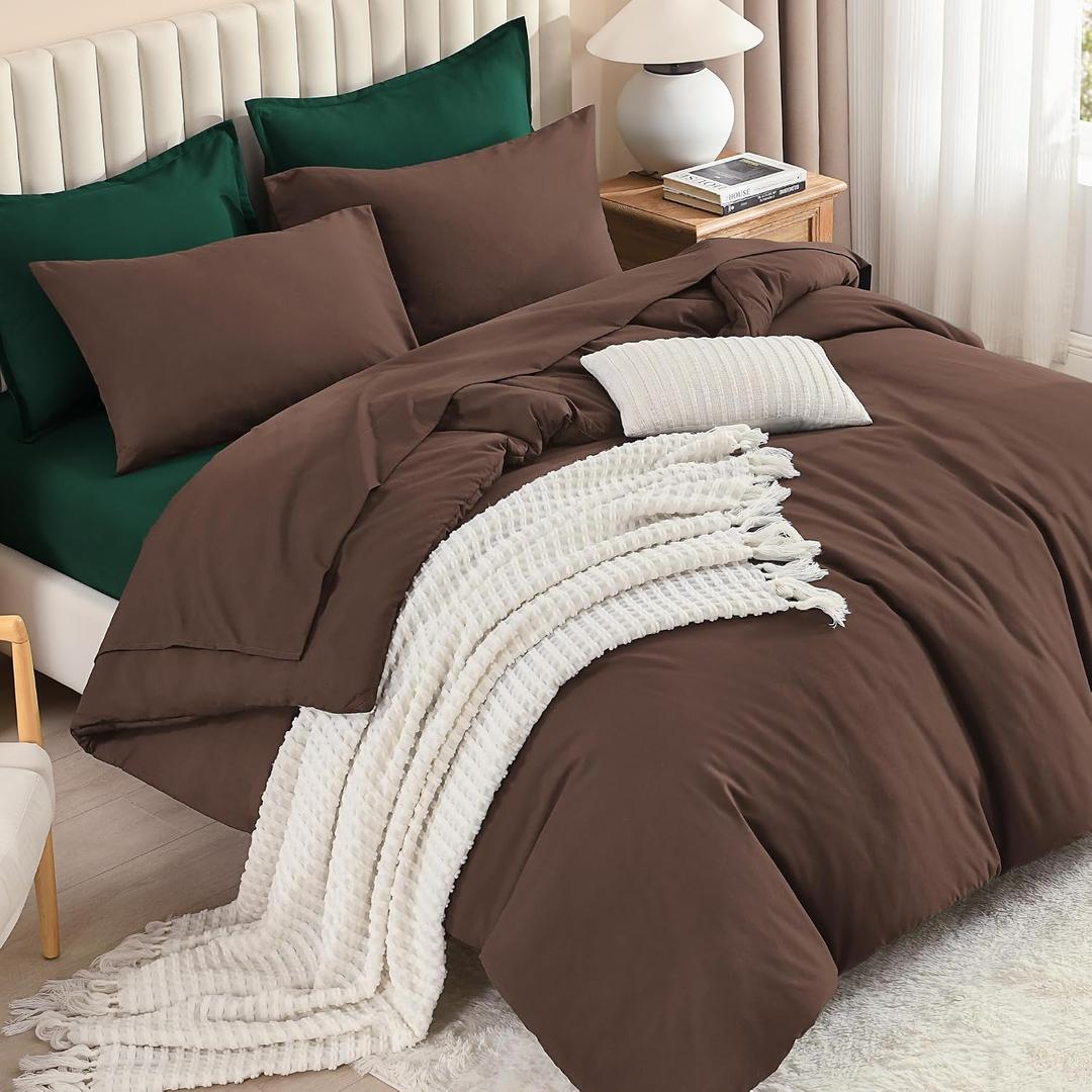 Litanika Queen Comforter Set with Sheets - 7 Pieces Bed in a Bag | Brown Emerald Green Fluffy Lightweight Soft Warm Down Alternative Solid All Season Bedding Set