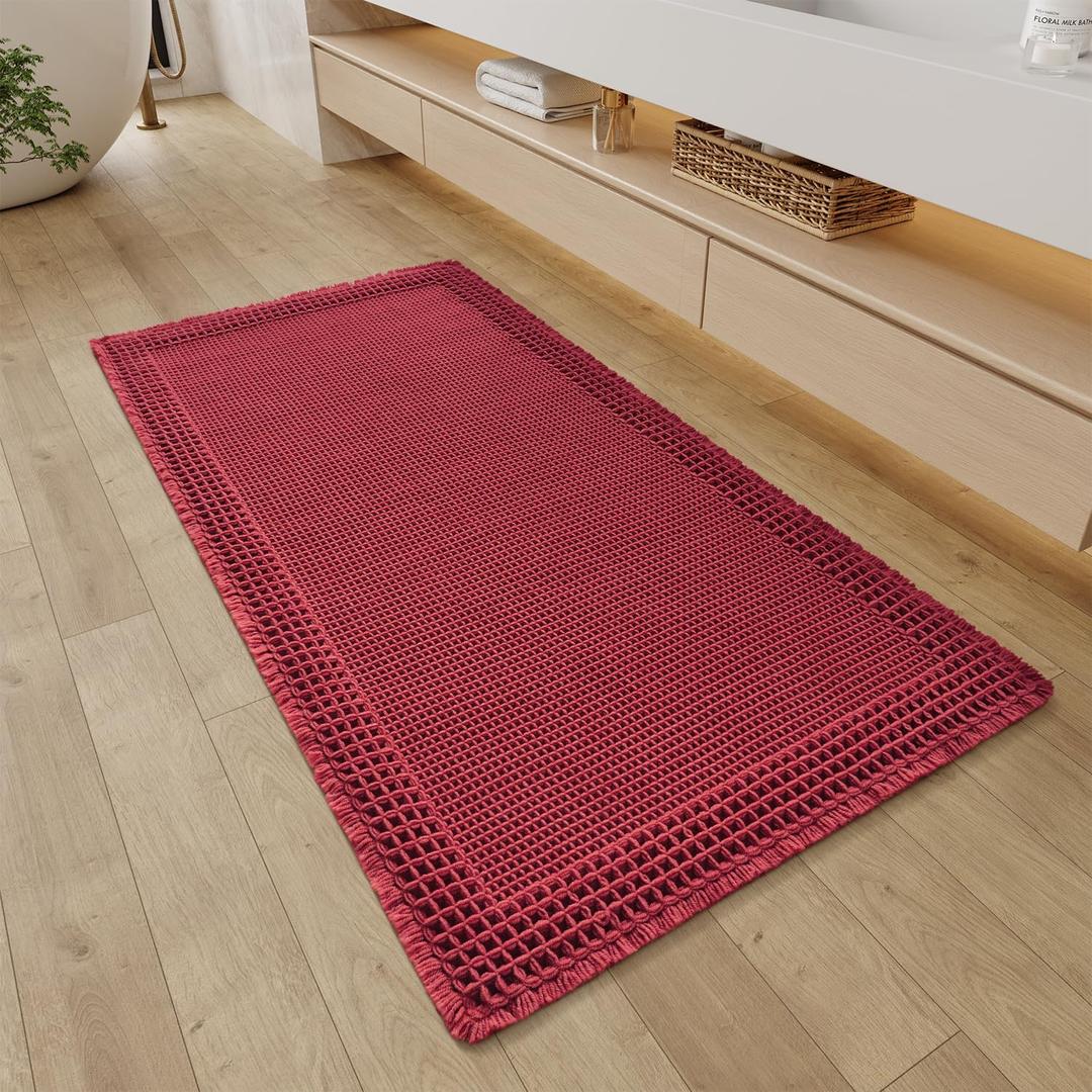RESARE Christmas Waffle Bathroom Runner Rugs, Super Absorbent Bath Mat Non Slip Washable Quick Dry, Upgraded Ultra Soft Boho Bath Rugs with Tassels for Bedroom Laundry Room, 2'x4'(24"x48"), Red