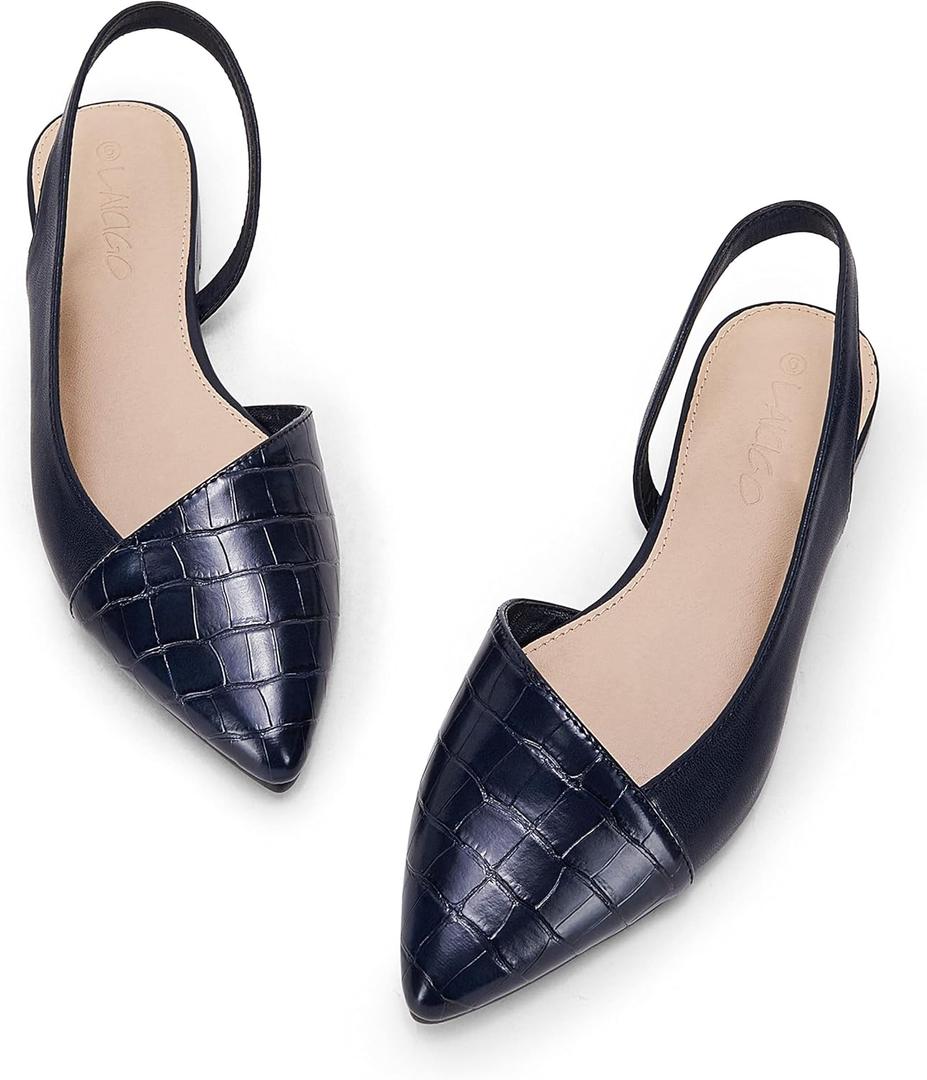 LAICIGO Women's Closed Pointed Toe Flats Slingback Low Heel Slip-on Cutout Animal Print Backless Mules Sandals, 6.5, Navy