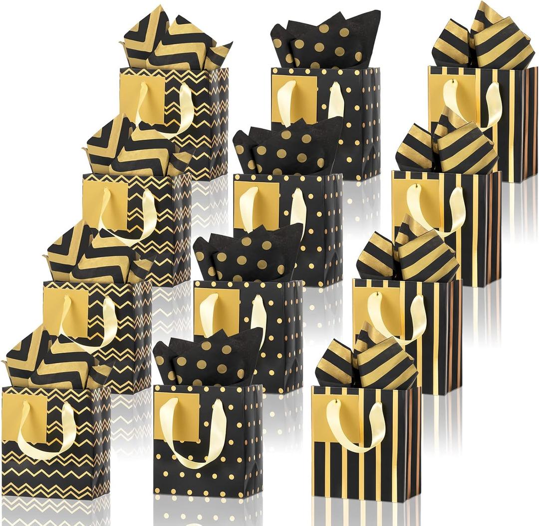 Tenare 12 Pcs Small Gift Bags Mini Metallic Paper Bag Bulk Tiny with Handle Tissue Paper for Gift Wrapping Happy Valentines Day Chinese New Year Birthday Party(4 x 2.75 x 4.5 Inch,Black Gold)