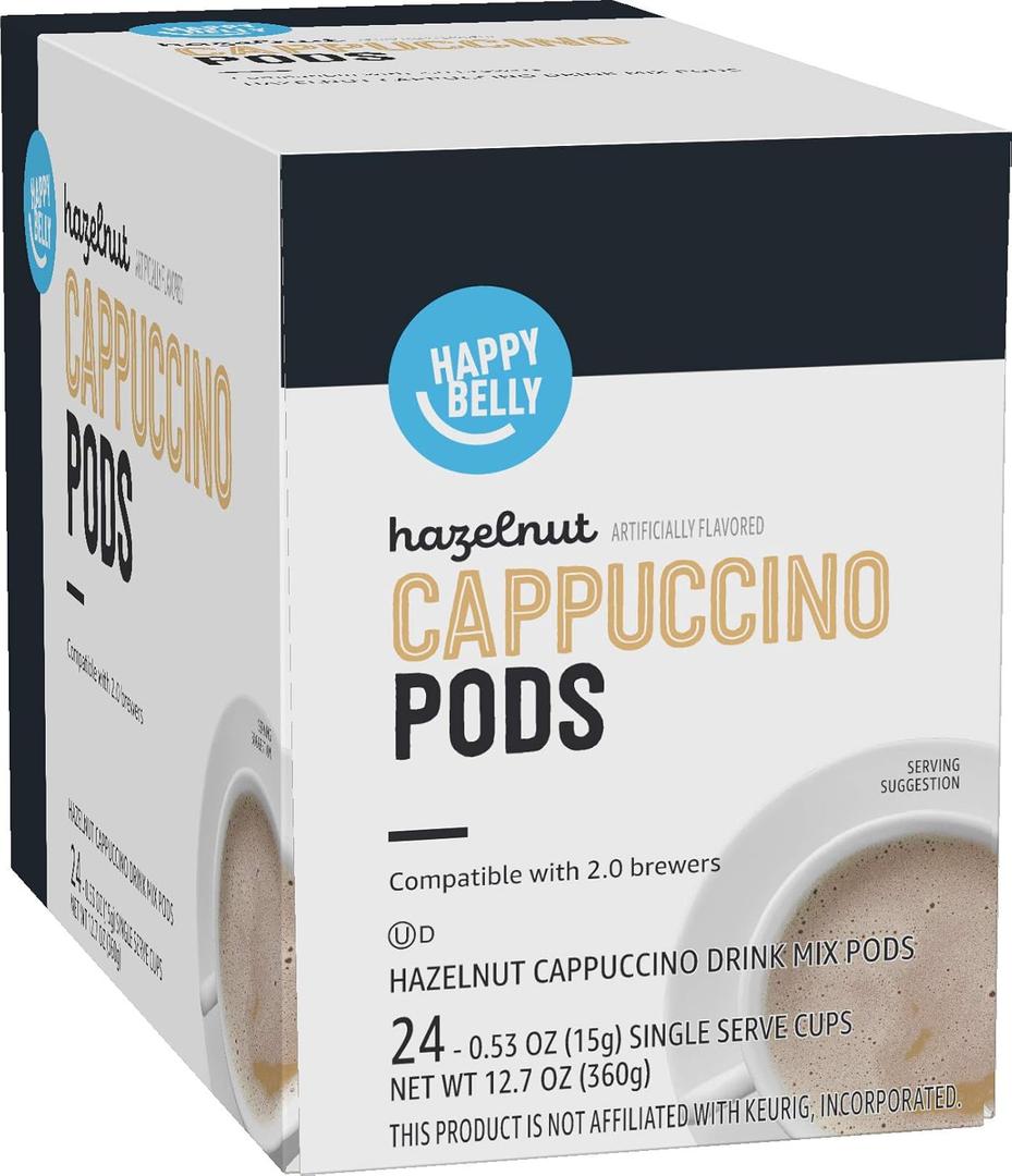 Happy Belly Light Roast Cappuccino Coffee Pods, Hazelnut Flavored, Compatible with K-Cup Brewers, 24 Count, BBD: 02/25/2027