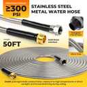 50ft 304 Stainless Steel Garden Hose Metal, Heavy Duty Water Pipe with Nozzles for Yard, Outdoor - Flexible, Never Kink & Tangle, Puncture Resistant (Silver)