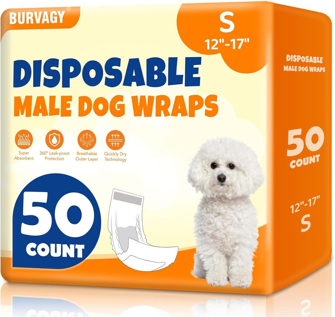 BURVAGY 50 Count Disposable Male Dog Wraps, Male Dog Diapers, Super Absorbent Pee Wraps, Belly Bands for Dogs, Leak Proof, Wetness Indicator, Puppy and Doggie Diaper for Peeing, Small