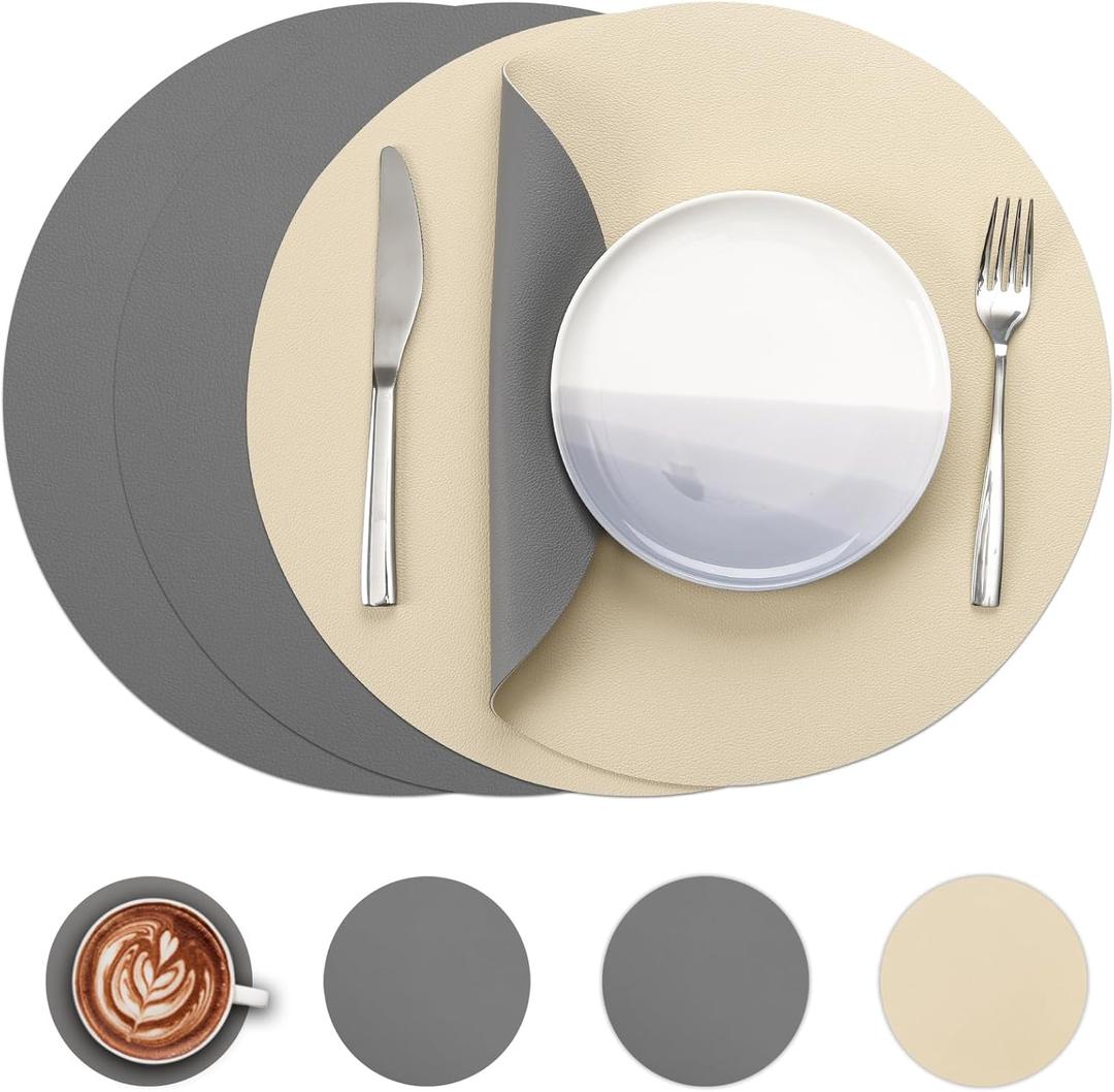 Myir JUN Round Placemats Set of 4 Faux Leather Place Mats and Coasters 15 inch Round Table Mats Dual Sided Non-Slip Stain Resistant Placemats (Gray & Wheat, Set of 4)