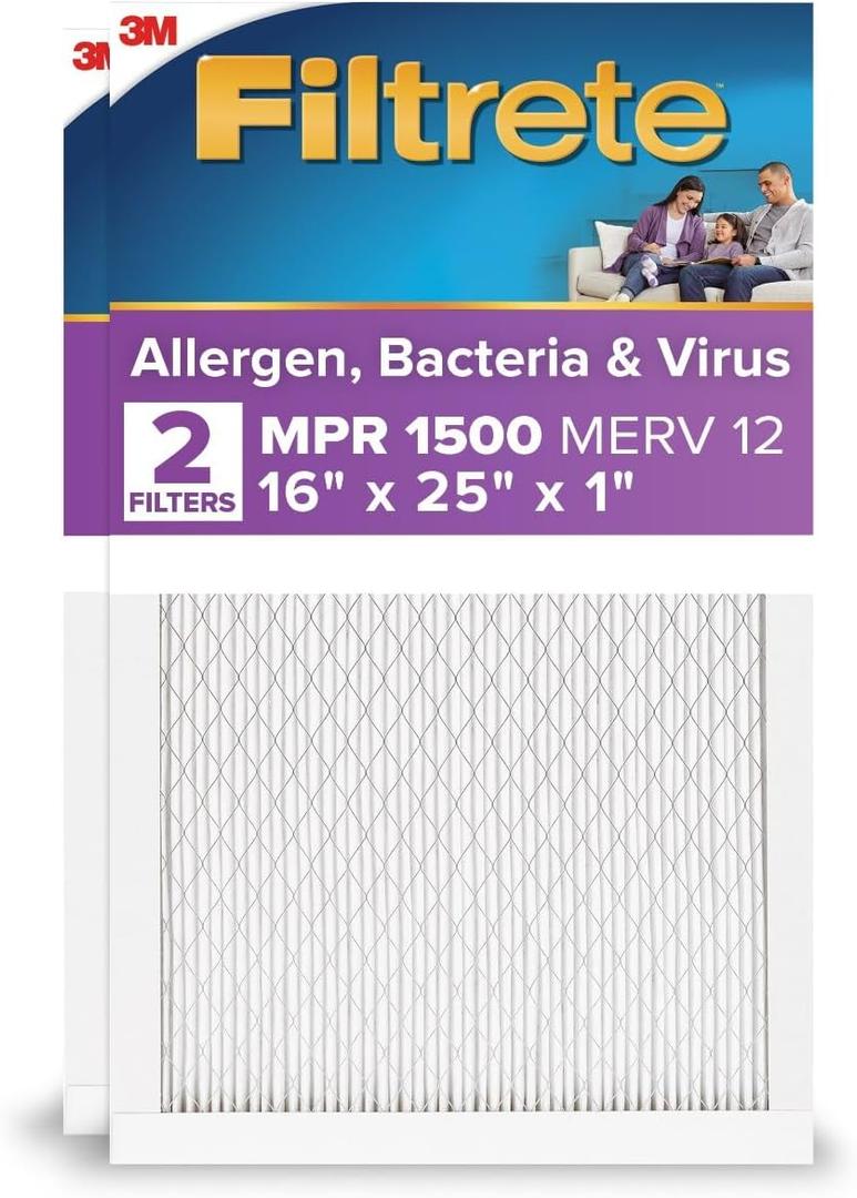 Filtrete 16x25x1 Air Filter MERV 12, MPR 1500 Certified Asthma & Allergy Friendly 2-Pack, AC Furnace HVAC Filters for Home, 3-Month Pleated Electrostatic (Actual Size 15.69 x 24.69 x 0.78 in)