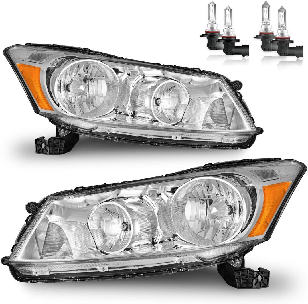 Headlights W/Bulbs for 2008-2012 Honda Accord 4Dr Halogen Headlamp Replacement Driver & Passenger Side, NOT fit coupe or Crosstour models, Chrome - With H/L Beam Bulbs