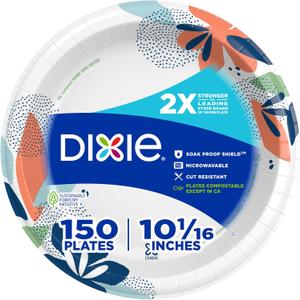 Dixie Large Paper Plates, 10 Inch, 150 Count, 2X Stronger*, MicrowaveSafe, SoakProof, Cut Resistant, Disposable Plates For Everyday Breakfast, Lunch, & Dinner Meals