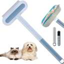 Reusable Pet Hair Remover Brush, 4-in-1 Multifunction Pet Hair Removal Tool with 17.7" Extra Long Handle for Furniture, Car, Carpet & Multi-Surfaces (Blue)