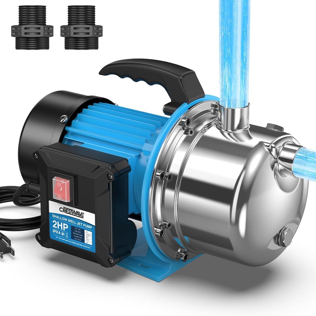 CrestWave 2HP Portable Shallow Well Pump, 1800GPH Water Transfer Pump, 110V, Stainless Steel Garden Pump, Sprinkler Booster Pump for Home Lawn Irrigation and Water Draining