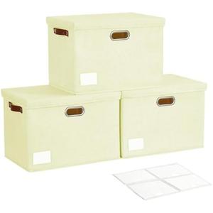 Roobyl 17" Large Collapsible Storage Bins with Lids, Stackable Closet Organizers with PU Handle and Labels, 3-Pack Decorative Fabric Storage Boxes for Home, Bedroom, Closet, Office, Nursery(Beige)
