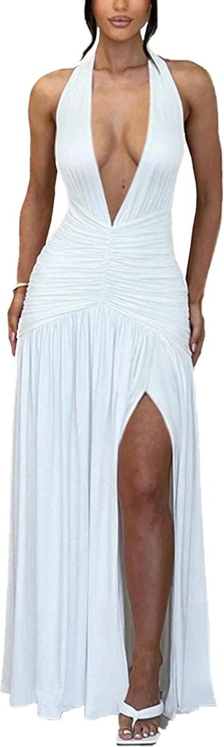 Ekaliy Women's Sexy Halter Deep V Neck Maxi Dress Sleeveless Backless High Slit Ruched Long Dress Summer Party Cocktail Dress (White)