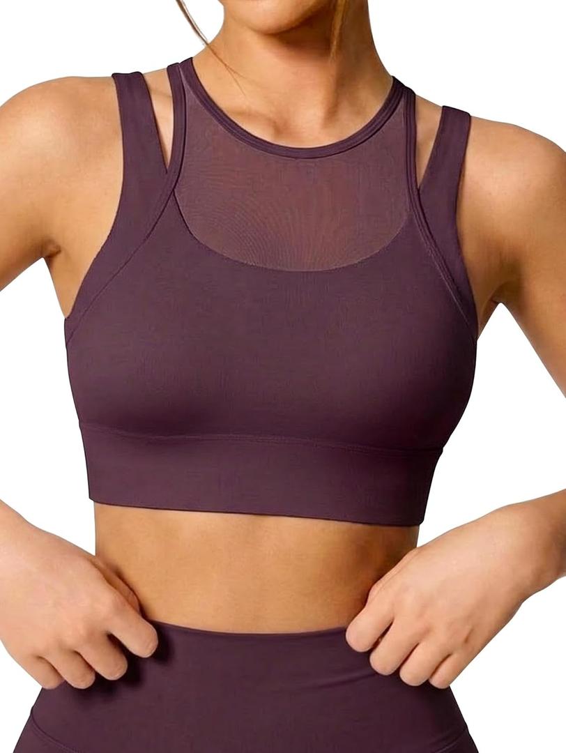 OQQ Womens Sports Bra Mesh Cutout Workout Tank Top for Yoga Activewear Clothes 2026 (Medium, Deeppurple)