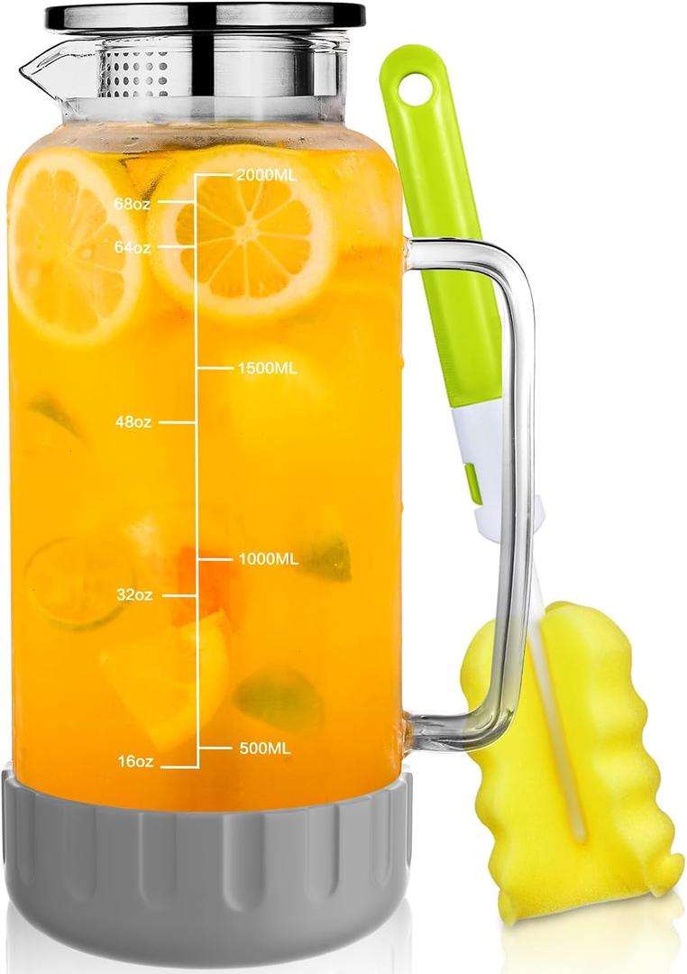 Aofmee 68oz Glass Pitcher with Lid and Handle, 2 L Glass Water Pitcher with Silicone Base and Precise Scale Line, Ice Tea Pitcher for Fridge, Anti-Slip Carafe for for Cold Brew, Beverage, Lemonade