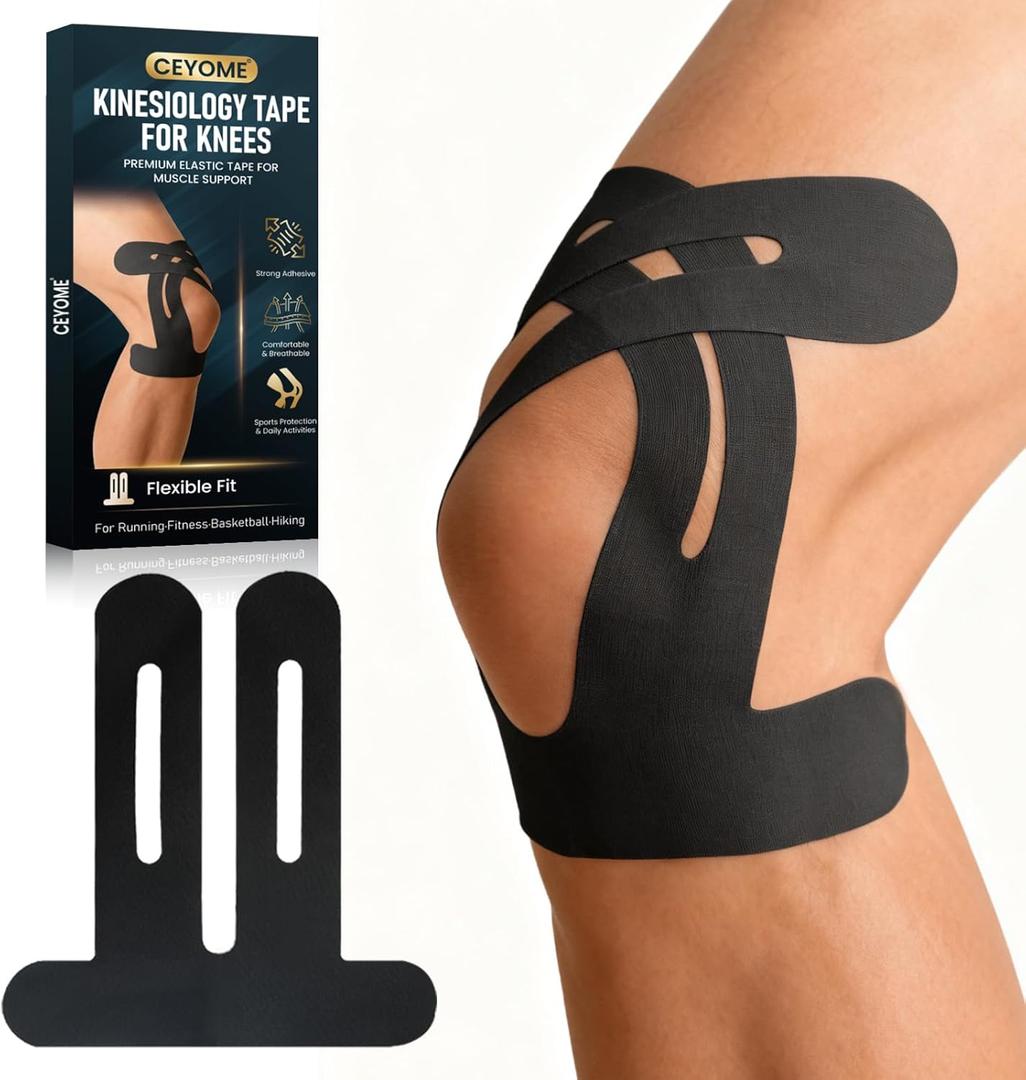 Kinesiology Tape for Knees, 10 PCS Knee Tape for Knee Pain Relief & Support, Waterproof, Latex-Free & Breathable Athletic Tape for Basketball, Running, Sports (Black) (One Size)