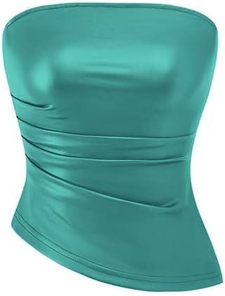 Women's Faux Leather Tube Tops 2025 Summer Strapless Asymmetrical Ruched Bandeau Shirts Going Out Club Outfits, Large 