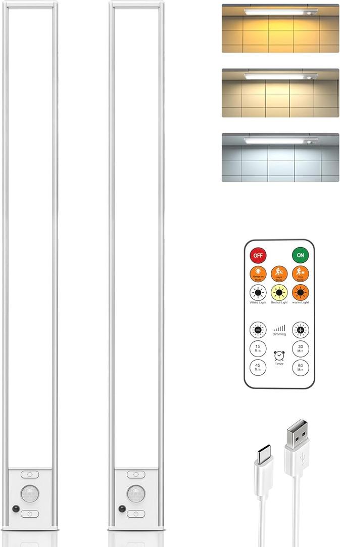 16in Under Cabinet Lighting with Remote Control,160 LED Motion Sensor Light Indoor,4000mAh USB Rechargeable Closet Lights,3 Color Temps Wireless Under Counter Lights for Kitchen,Pantry, Stair, 2 Pack (White-16 Inch)