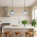 Blue Seeded Glass Pendant Lights Kitchen Island,Modern 7.8" Globe Hand-Blown Bubble Glass Pendant Light,Black Hardwired Hanging Ceiling Light Fixture for Dining Room,Bedroom,Sink,2-Pack
