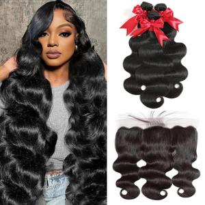 12A Human Hair Bundles with Frontal 26 28 30 with 20 Inch Brazilian Body Wave Bundles Human Hair with Frontal Closure 100% Unprocessed Virgin Human Hair Weave 3 Bundles Deals with 13x4 HD Lace Frontal