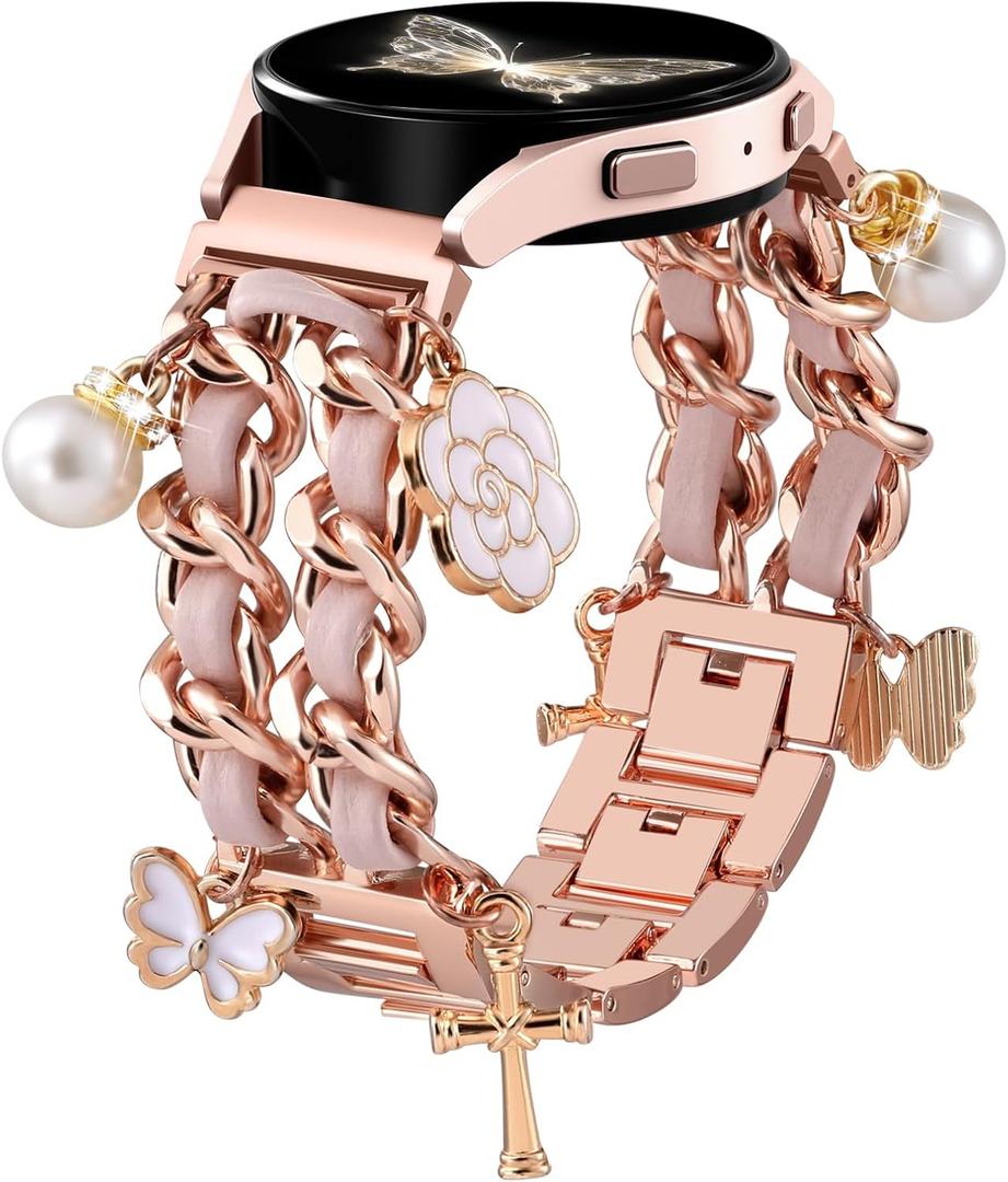 Stylish Metal Band Compatible with Samsung Galaxy Watch 7 Band/FE 6 5 4 40mm 44mm,Galaxy Active 2, 20mm Watch Strap Pretty Chain with Cute Decorative Charms Accessories for Samsung Watch Bands Women (RoseGoldPink Band/Cross)