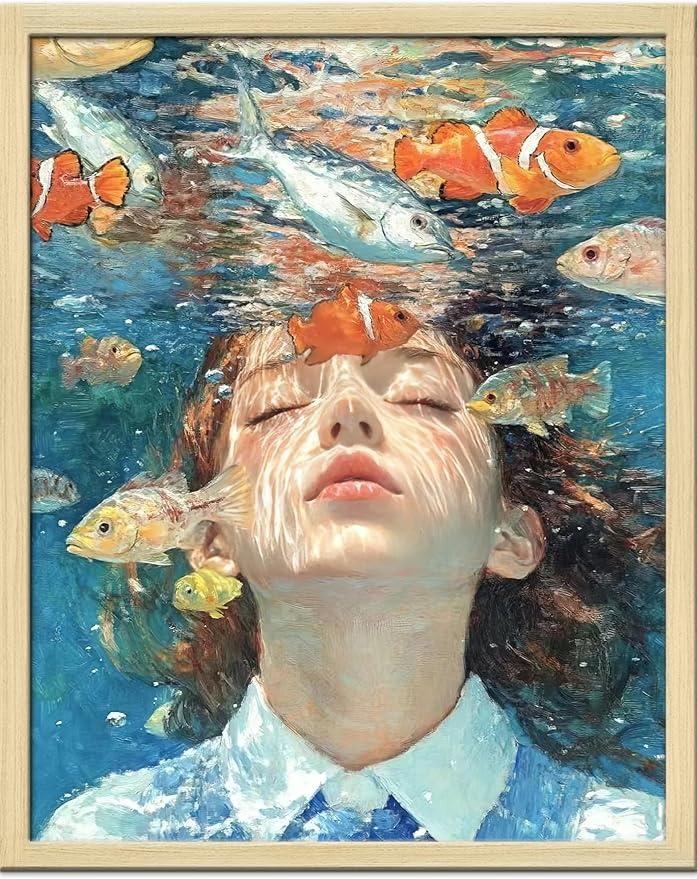 Girl Room Wall Art Prints The Girl In The Sea And Fish Poster Canvas Art Wall Decor Picture For Bedroom Office Dorm Bathroom Wall Decor Aesthetic Home Artwork 12" × 16" With Framed