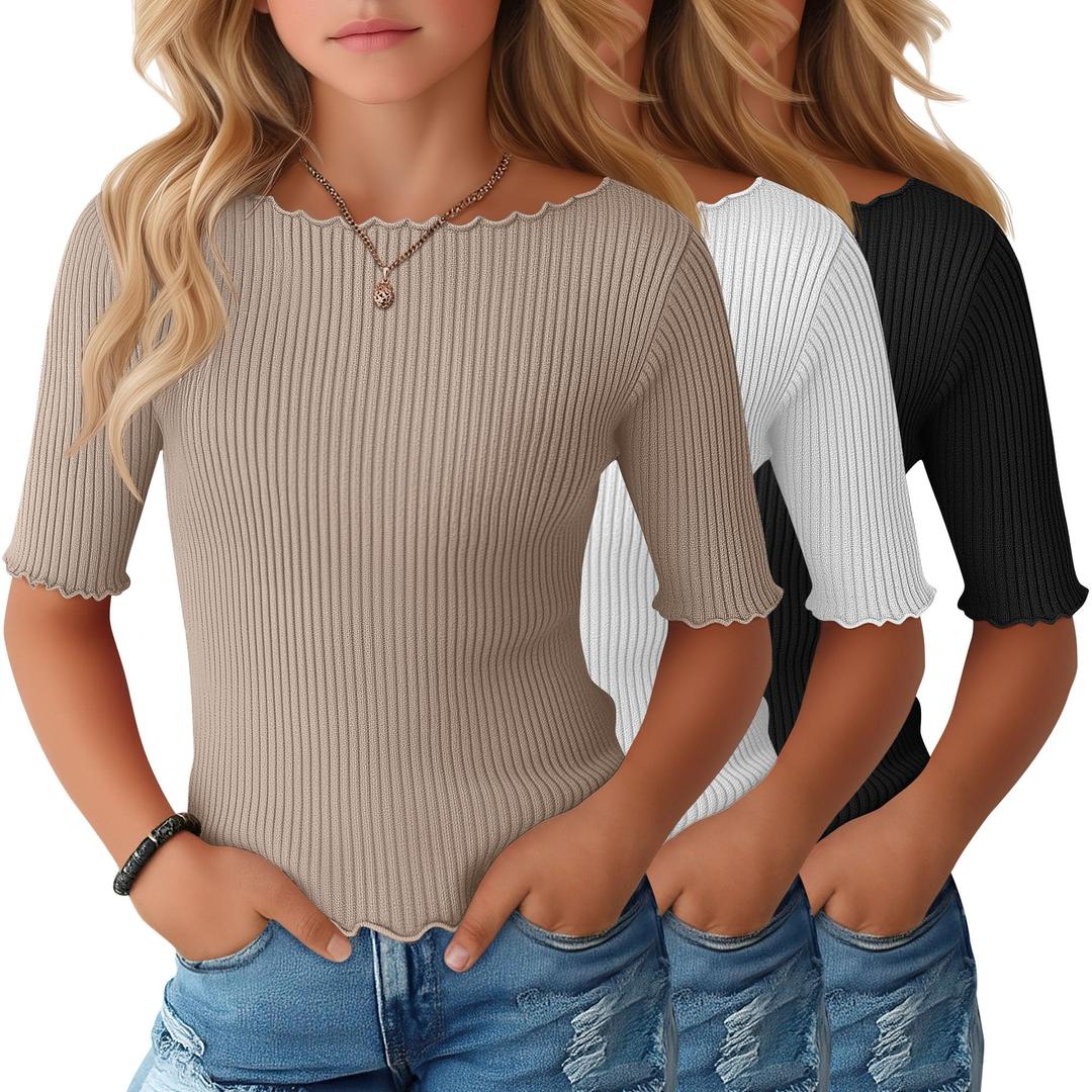 Oakgarden 3 Pack Girls Summer Ribbed T Shirts, 3-Color Set, 13-14 Years