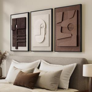 3D Textured Framed Neutral Abstract Wall Art for Bedroom, 3 Piece Modern Artwork for Walls, Minimalist White and Brown Geometric Wall Paintings for Living Room, Dining Room, Lounge Wall Decor 16x24 In (Bold Reliefs)