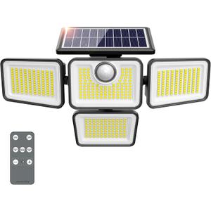 4500LM Solar Lights Outdoor, 4 Adjustable Heads Motion Sensor Lights, 3 Modes, 6500K, IP65 Waterproof Solar Security Wall Lights, Remote Control Flood Lights, Garden, Outside, Backyard, 1 Pack