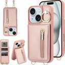 Jcxtrombulous Crossbody Wallet Case for iPhone 15 Pro with Lanyard Strap Card Slot Holder RFID Blocking Ring Kickstand,Magnetic Flip Folio Zipper Purse Case, PU Leather Cover Handbag,Beige