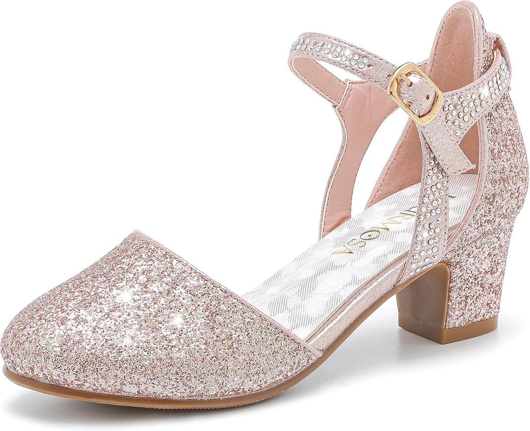 LAURMOSA Girls Dress Shoes Closed Toe Chunky High Heels Ankle Strap Wedding Party Pump Shoes (Pink, 4 Big Kid)