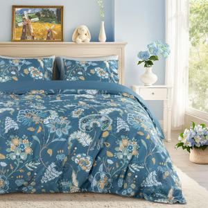 Shilucheng 100% Cotton Floral Duvet Cover King Size - 600 Thread Count, Breathable & Cooling Comforter Cover with Zipper ClosureHotel Bedding Duvet Covers 3 Piece (Navy Blue) (King (104" x 90"))
